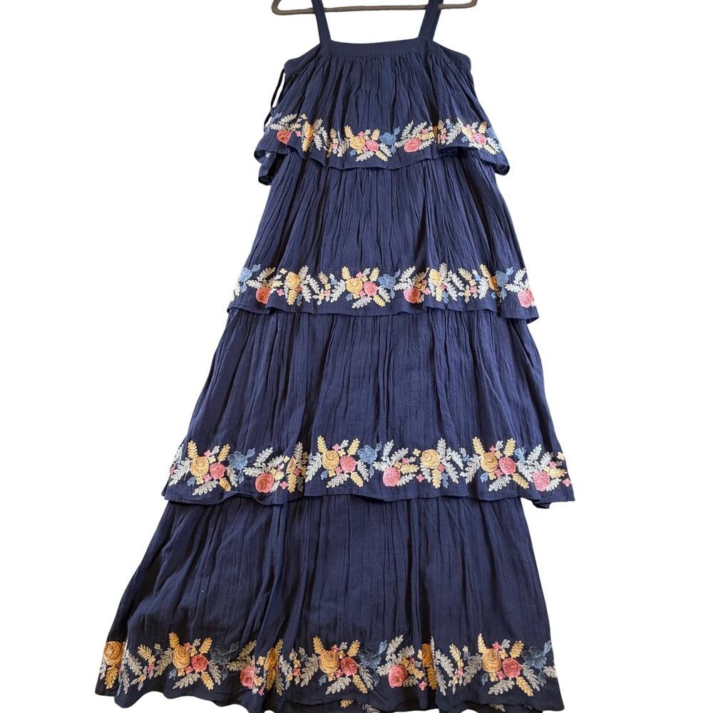 NAO Navy Blue Floral Embroidered Tiered Maxi Dress Boho Sleeveless Small